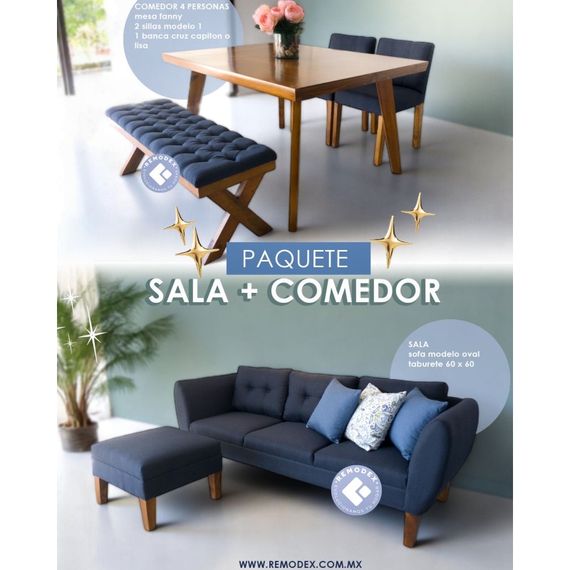 PAQUETE SOFÁ OVAL/TABURETE/COMEDOR 4P MOD.1/BANCA CAPITONADA