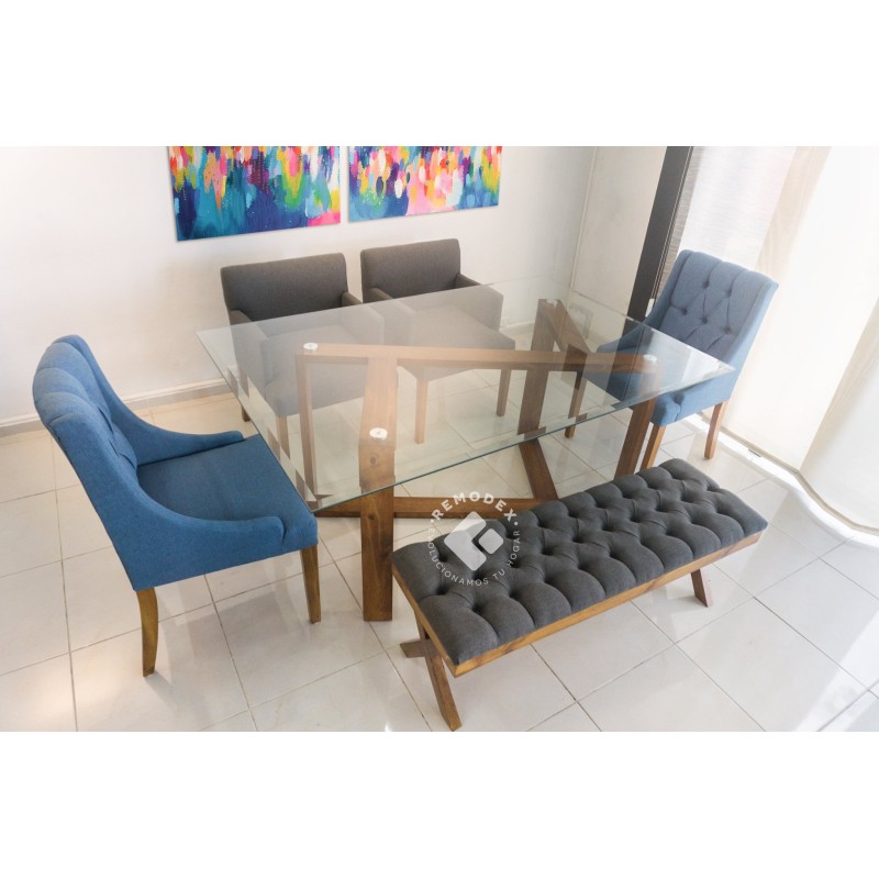COMEDOR 6P MESA D3/SILLA FLOR CAPITON/SILLA CON BRAZOS/BANCA DE CRUZ CAPITON